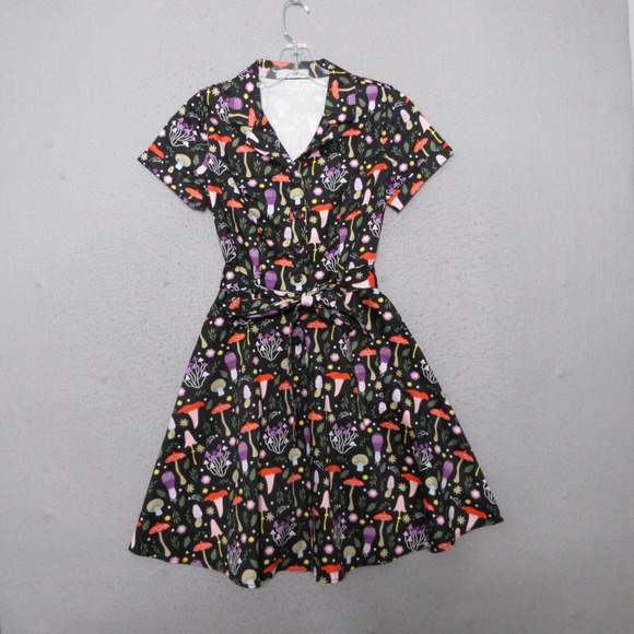 Eva Rose Dresses & Skirts - Eva Rose Dress Mushroom Fit‎ Flare Black Retro Mod Belted Novelty Forest Quirky